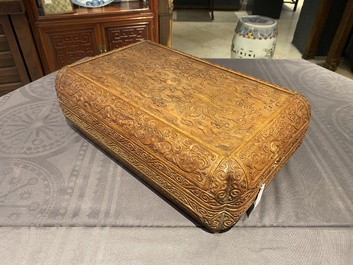 A Chinese rectangular huanghuali wooden box and cover with dragons, 17/18th C.