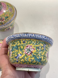 A pair of Chinese Canton enamel bowls and covers, Qianlong