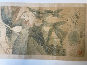 Yu Li 李钰( 1862-1922): Three scrolls with rocks and flowers, ink and colours on silk, dated 1906