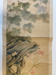 Yu Li 李钰( 1862-1922): Three scrolls with rocks and flowers, ink and colours on silk, dated 1906
