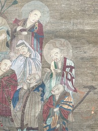 Chinese school: 'Buddha surrounded by Luohans', ink and colours on silk, 18th C.