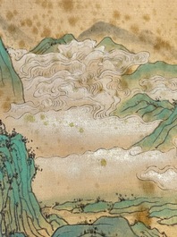 Xu Yang 徐揚 (1712-1777) et Wu Hufan 吳湖帆 (1894-1968): 'Paysage montagneux', dat&eacute; 1755, avec calligraphie post&eacute;rieure, encre et couleurs sur soie