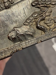 Een Chinese vierkante penselenpot in zitan met verhalend reli&euml;fdecor, 19e eeuw