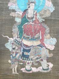 Ecole chinoise: 'Samanthabadra sur l'&eacute;l&eacute;phant &agrave; six d&eacute;fenses', encre et couleurs sur soie, 17/18&egrave;me