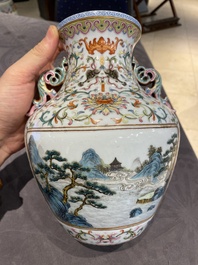 A Chinese famille rose 'hu' vase with fine landscapes, Qianlong mark, 19/20th C.