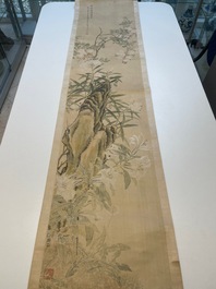 Yu Li 李钰( 1862-1922): Three scrolls with rocks and flowers, ink and colours on silk, dated 1906
