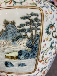 A Chinese famille rose 'hu' vase with fine landscapes, Qianlong mark, 19/20th C.