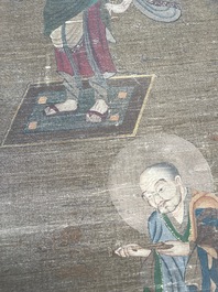 Chinese school: 'Buddha surrounded by Luohans', ink and colours on silk, 18th C.