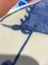 Three large deep Chinese blue and white 'hunting scene' dishes, Chenghua mark, Kangxi