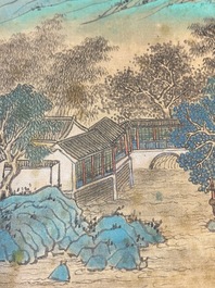 Xu Yang 徐揚 (1712-1777) et Wu Hufan 吳湖帆 (1894-1968): 'Paysage montagneux', dat&eacute; 1755, avec calligraphie post&eacute;rieure, encre et couleurs sur soie