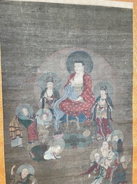Chinese school: 'Buddha surrounded by Luohans', ink and colours on silk, 18th C.