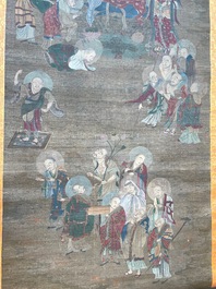 Chinese school: 'Buddha surrounded by Luohans', ink and colours on silk, 18th C.
