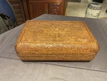 A Chinese rectangular huanghuali wooden box and cover with dragons, 17/18th C.