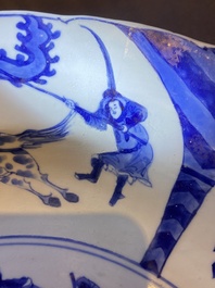 Three large deep Chinese blue and white 'hunting scene' dishes, Chenghua mark, Kangxi