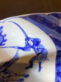 Three large deep Chinese blue and white 'hunting scene' dishes, Chenghua mark, Kangxi