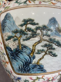 A Chinese famille rose 'hu' vase with fine landscapes, Qianlong mark, 19/20th C.