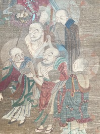 Chinese school: 'Buddha surrounded by Luohans', ink and colours on silk, 18th C.