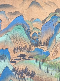 Ecole chinoise: 'Paysage montagneux', encre et couleurs sur soie, Qing