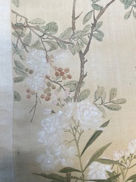 Yu Li 李钰( 1862-1922): Three scrolls with rocks and flowers, ink and colours on silk, dated 1906