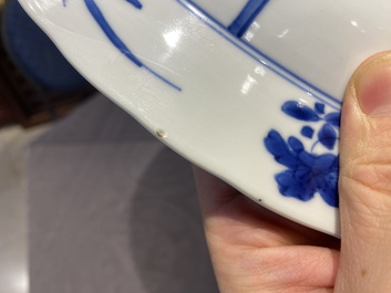Three large deep Chinese blue and white 'hunting scene' dishes, Chenghua mark, Kangxi