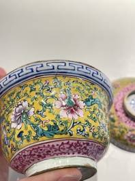 A pair of Chinese Canton enamel bowls and covers, Qianlong