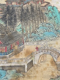 Xu Yang 徐揚 (1712-1777) et Wu Hufan 吳湖帆 (1894-1968): 'Paysage montagneux', dat&eacute; 1755, avec calligraphie post&eacute;rieure, encre et couleurs sur soie