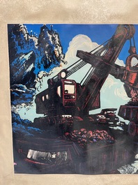 Chinese school uit de Culturele Revolutie: Zicht op het Daqing olieveld, litho opgehoogd met olieverf