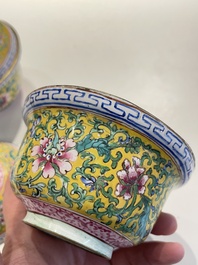 A pair of Chinese Canton enamel bowls and covers, Qianlong