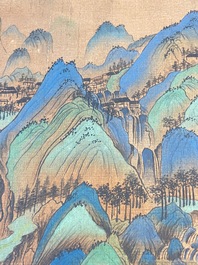 Ecole chinoise: 'Paysage montagneux', encre et couleurs sur soie, Qing