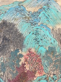 Xu Yang 徐揚 (1712-1777) et Wu Hufan 吳湖帆 (1894-1968): 'Paysage montagneux', dat&eacute; 1755, avec calligraphie post&eacute;rieure, encre et couleurs sur soie