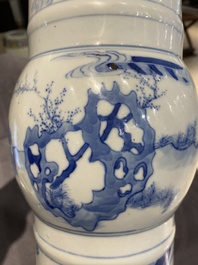 A Chinese blue and white 'gu' vase with figurative design, probably Kangxi