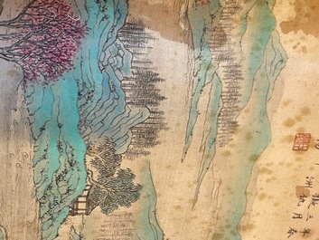 Xu Yang 徐揚 (1712-1777) et Wu Hufan 吳湖帆 (1894-1968): 'Paysage montagneux', dat&eacute; 1755, avec calligraphie post&eacute;rieure, encre et couleurs sur soie