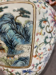 A Chinese famille rose 'hu' vase with fine landscapes, Qianlong mark, 19/20th C.