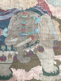 Ecole chinoise: 'Samanthabadra sur l'&eacute;l&eacute;phant &agrave; six d&eacute;fenses', encre et couleurs sur soie, 17/18&egrave;me