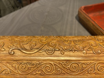 A Chinese rectangular huanghuali wooden box and cover with dragons, 17/18th C.