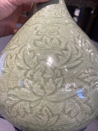 A Chinese Longquan celadon 'yuhuchunping' vase with floral design, Ming