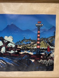 Chinese school uit de Culturele Revolutie: Zicht op het Daqing olieveld, litho opgehoogd met olieverf
