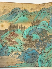 Xu Yang 徐揚 (1712-1777) et Wu Hufan 吳湖帆 (1894-1968): 'Paysage montagneux', dat&eacute; 1755, avec calligraphie post&eacute;rieure, encre et couleurs sur soie