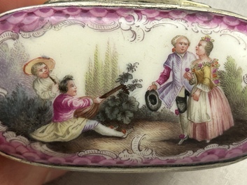 An oval gilt-silver-mounted polychrome Meissen porcelain snuff-box and cover, Germany, 3rd quarter 18th C.