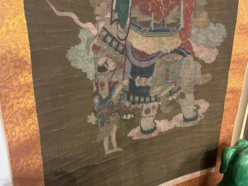 Ecole chinoise: 'Samanthabadra sur l'&eacute;l&eacute;phant &agrave; six d&eacute;fenses', encre et couleurs sur soie, 17/18&egrave;me
