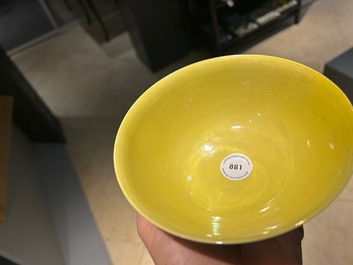 Een Chinese kom met kraanvogels op een gele fondkleur, Yongzheng merk en mogelijk periode