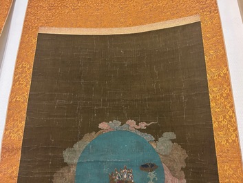 Ecole chinoise: 'Samanthabadra sur l'&eacute;l&eacute;phant &agrave; six d&eacute;fenses', encre et couleurs sur soie, 17/18&egrave;me