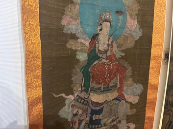 Ecole chinoise: 'Samanthabadra sur l'&eacute;l&eacute;phant &agrave; six d&eacute;fenses', encre et couleurs sur soie, 17/18&egrave;me