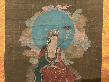 Ecole chinoise: 'Samanthabadra sur l'&eacute;l&eacute;phant &agrave; six d&eacute;fenses', encre et couleurs sur soie, 17/18&egrave;me