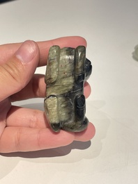 Five Chinese white, celadon and grey-black jade carvings, Qing/Republic