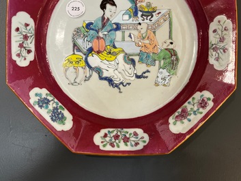 A Chinese octagonal famille rose 'ruby-pink rim' dish, Yongzheng