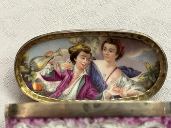 An oval gilt-silver-mounted polychrome Meissen porcelain snuff-box and cover, Germany, 3rd quarter 18th C.