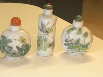Five Chinese famille rose 'grasshopper' and 'butterfly' snuff bottles, 19/20th C.