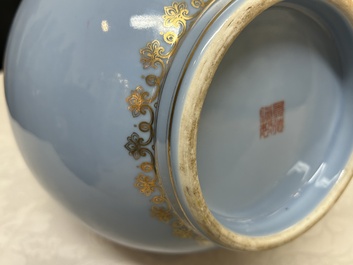 A Chinese famille rose lavender-blue-ground bottle vase, Qianlong mark, Republic