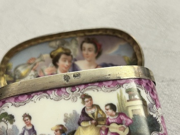 An oval gilt-silver-mounted polychrome Meissen porcelain snuff-box and cover, Germany, 3rd quarter 18th C.